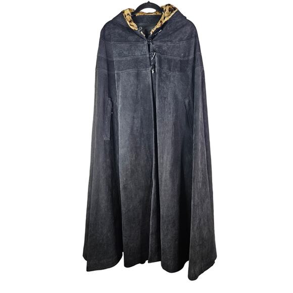 Vintage La Douce Black Leather Full Length Cape Leopard Hood Goth Avant Garde